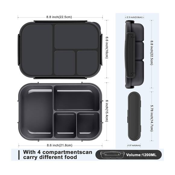 NIB: Bento Box: Leakproof Lunch Containers w utensils (dark gray) - Picture 3 of 7